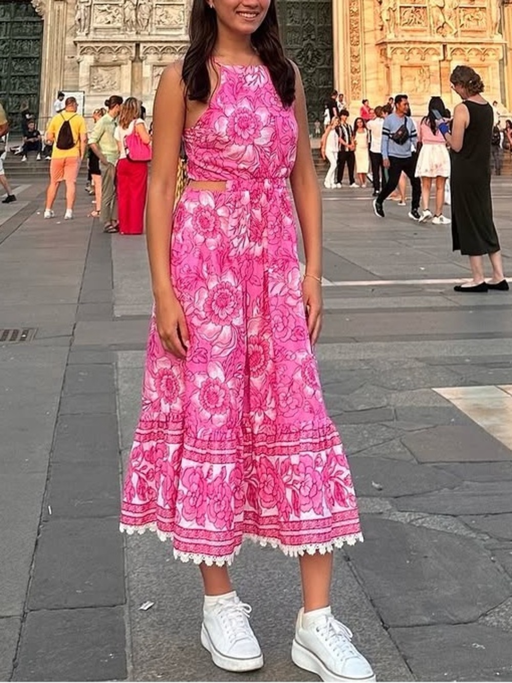 Bright Pink Floral Halter Midi Dress